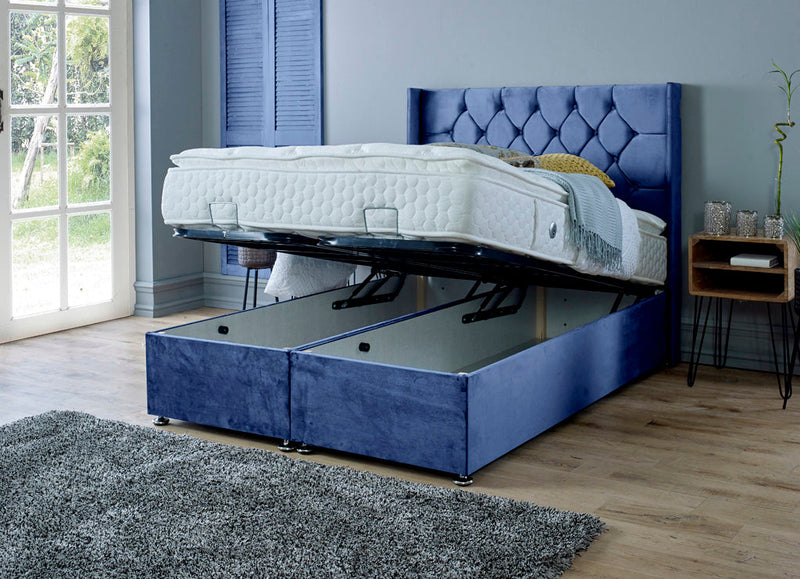 Marlon 5ft Kingsize Ottoman Bed Frame- Velvet Blue