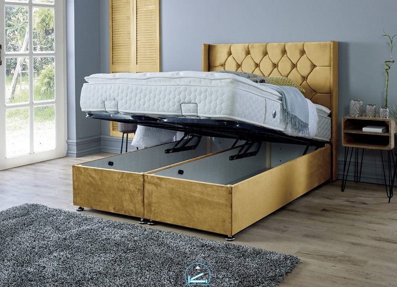 Marlon 5ft Kingsize Ottoman Bed Frame- Velvet Mustard